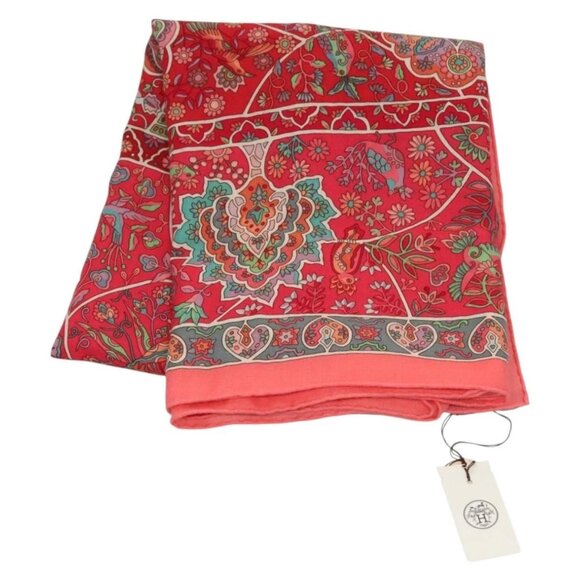 HERMES Carre 140 Scarf ""des Oiseaux Fleurs"" Cashmere Red Auth 133742 - Picture 1 of 10